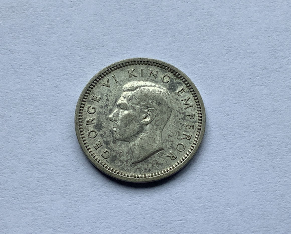 1939 New Zealand threepence coin .500 silver